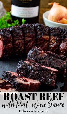 roast beef with port wine sauce is cut into pieces and placed on a cutting board