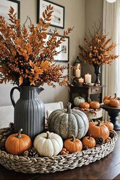 a basket filled with lots of pumpkins on top of a table