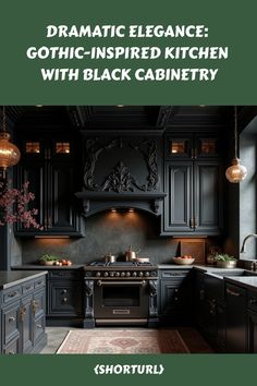 a kitchen with black cabinets and an ornate design