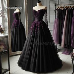 A-Line Black Gothic Wedding Dresses Off The Shoulder Long Sleeves Pleats Tulle Bridal Gown Grape Black And Purple Wedding Dress Gothic, Black Gothic Wedding Dresses, Wedding Dress Burgundy, Prom Desses, Black And Purple Dress, Black Gothic Wedding, Vampire Wedding, Black Wedding Dress Gothic