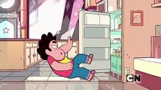 a cartoon character sitting on the floor in front of an open refrigerator