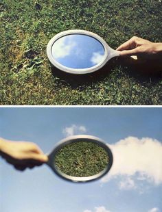 two pictures with one being magnifying the other is looking at grass and blue sky