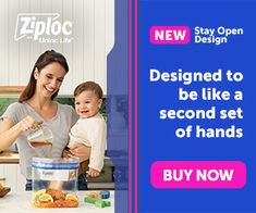 a woman holding a baby in her arms while standing next to a blender with the words, designed to be like a second set of hands buy now