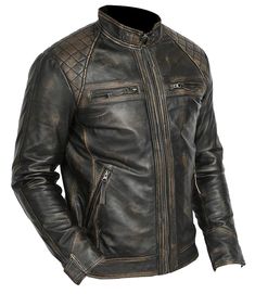 Black Biker Motorcycle Mens Leather Jacket     Features:    Color: Distressed Black    Outer: Goatskin Leather    Front: front Zip closure    Sleeves: Zip closure    Pocket: 2 on chest and 2 on waist Man Cafe, Cafe Racer Leather Jacket, Vintage Cafe Racer, Leather Jackets Online, Leather Jacket Men Style, Distressed Leather Jacket, Cafe Racer Jacket, Motorcycle Jacket Mens, Racer Jacket