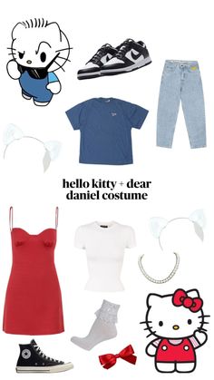 hello kitty and other items are arranged in the same image, including shoes, t - shirt, jeans, converse sneakers