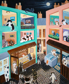 a painting of cats and dogs in a pet store