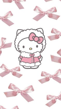 hello kitty wallpaper with pink bows and bow clippings on the bottom right corner