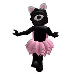 an inflatable black cat wearing a pink tutu and dress with big eyes