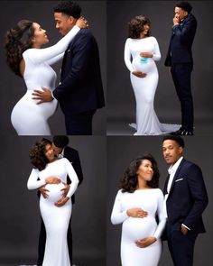 the pregnant couple is posing for pictures in their white gowns and tuxedos