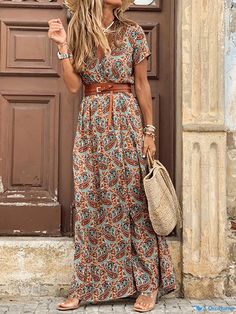 Orcajump - Boho Floral Print Dress, V Neck Short Sleeve Belted Maxi Dress, Women's Clothing Belted Maxi Dress, Casual Beach Wear, Boho Fabric, Swimwear Outfit, Boho Floral, Floral Print Dress, Dance Wear, Womens Swimwear, Print Dress