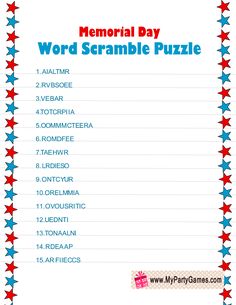 the memorial day word scramble puzzle is shown with red, white and blue stars on it