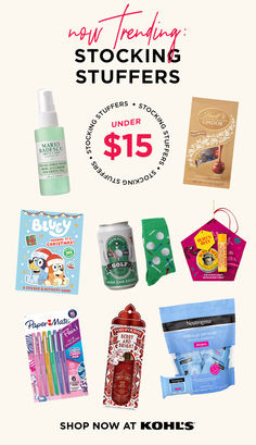 an advertisement for stocking stuff with the words under $ 15 and other items on it