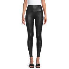 Add something new to your leggings collection with this unique pair from Time and Tru with a faux leather-inspired look. The shiny finish highlights your versatile ensemble and maintains that stretch design comfortably. Pair with your favorite top, moto jacket and boots to complete your edgy style. Only at Walmart. Size: S.  Color: Black.  Gender: female.  Age Group: adult. Outfit Faux Leather Leggings, Leggings Collection, Pleather Leggings, Black Leather Leggings, Liquid Leggings, Edgy Style, Knit Leggings, Plus Size Leggings, High Rise Leggings