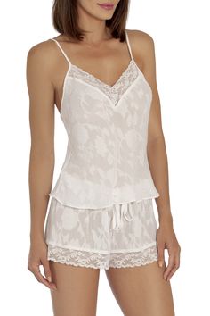 Lace Sleepwear With Delicate Straps And V-neck, Lace Sleep Sets With Lace Trim, Lace Sleepwear Sets With Lace Trim, Sleepwear Sets With Lace Trim, Sleeveless Lace Sleepwear For Vacation, Lace Sleepwear With Floral Print For Loungewear, Spring Lace Camisole For Loungewear, Lace V-neck Camisole For Bedtime, Lace Sleepwear With Floral Print