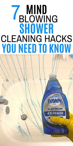 a person in yellow gloves is cleaning a sink with blue liquid on it and the words, 4 useful bathtub cleaning hacks you need to know