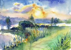 a watercolor painting of the sun setting over a field