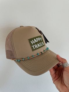 One of a kind custom trucker hat, ready to ship. Includes patches and removable hat chain. Foam front, mesh back with adjustable snap. Hat Chain, Custom Trucker Hats, Happy Trails, Turquoise Jewelry, Turquoise Sterling Silver, Exclusive Designs, Trucker Hat, Bag Accessories, Heat