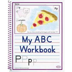 an abc workbook with pictures of pizzas and pumpkins on it, including the letter