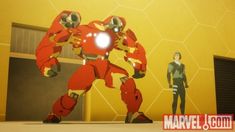 an animated image of two people standing in front of a giant iron man figure,