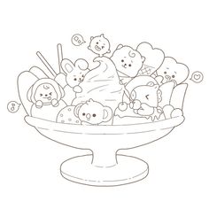 a bowl filled with lots of stuffed animals