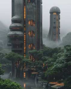 two futuristic buildings surrounded by trees and fog