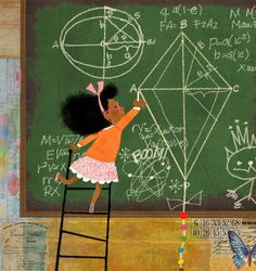 a painting of a girl on a ladder in front of a chalkboard with math written on it