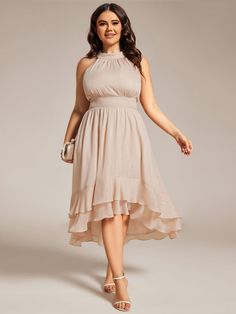 Plus Size Glittery Sleeveless Halter Neck Midi Wedding Guest Dress #color_Champagne Dresses For Wedding Guests Plus Size, Midi Wedding Guest Dress, Tea Length Wedding, Dress With Pleats, Elegant Midi Dresses, Guest Attire, Ever Pretty, Wedding Attire Guest, Affordable Dresses