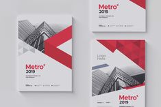 three brochures designed for metro's 2019 annual meeting, with red and white geometric shapes