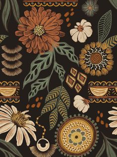 an image of flowers and leaves on a black background with brown, green, yellow, orange