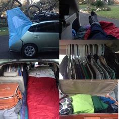 an open car trunk filled with luggage and clothes next to a parked car full of clothing