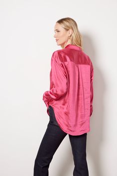 The classic button-down gets a chic upgrade with smooth satin fabric. This Good American shirt features a relaxed, flowy silhouette with a shirttail hem and covered button placket. Style with jeans and booties for a day-to-night look. | GOOD AMERICAN Women's Washed Satin Weekend Shirt, Size 2XS/XS, Pink Classic Satin Tops For Fall, Sleek Satin Shirt For Fall, Chic Satin Top With Spread Collar, Satin Button-up Tops For Daywear, Casual Satin Tops For Fall, Trendy Satin Button-up Top, Spring Satin Shirt With Button Closure, Casual Satin Blouse For Fall, Satin Button-up Blouse For Daywear