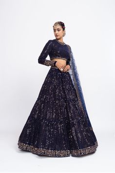 Navy blue dense dot zero neck blouse paired with lehenga.From Vvani Vats Mahnoor collection.DELIVERY TIMEPlease allow 8-12 weeks for your outfit to arrive.FABRIC DETAILSVelvet, NetProfessional cleaning only. Vani Vats, Velvet Dupatta, Lehenga Dupatta, Net Blouses, Blue Lehenga, Wedding Reception Dress, Blue Embroidery, Embroidered Neckline, Net Dupatta