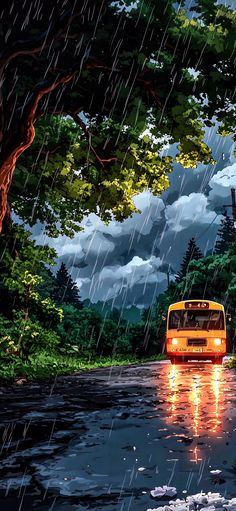 a yellow bus driving down a rain soaked road in the rain with trees and clouds