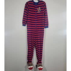 Nick & Nora Women Small Sock Monkey Footie Unionsuit Costume Stripe Pajama Sock Monkey Pajamas, Nick And Nora, Striped Pyjamas, Striped One Piece, Sock Monkey, One Piece Pajamas, Sleepwear Robe, Pajamas, Im Not Perfect