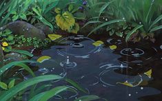 a painting of some water and plants in the middle of a pond with rocks, grass, and flowers