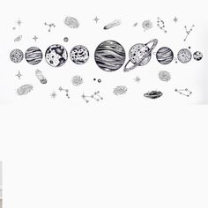 the solar system wall decals are in black and white, with space drawings on them