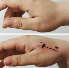 two pictures of someone's hand with a small tattoo on it