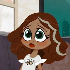 a cartoon girl with brown hair and big eyes is looking at something in the distance