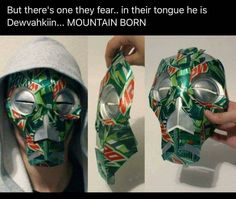 a person wearing a mask made out of soda cans and another image of a man holding a can opener