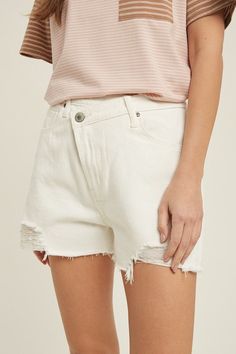 Overlap front, distressed shorts, casual denim shorts, fun design, unique design, zip up closure, belt loops, 2 front pockets, 2 back pockets. Spring Knee-length Jean Shorts With Belt Loops, Trendy Cutoff Shorts With Belt Loops, Casual Denim Shorts, Shorts Casual, Distressed Shorts, Distressed Denim Shorts, Fun Design, Casual Denim, Distressed Denim