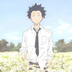 an anime character standing in a field with daisies