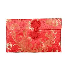 a red and gold clutch bag on a white background