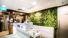 an office with a green wall behind the counter