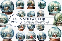 snow globe watercolor clipart bundle with winter scenes and houses in the snow,