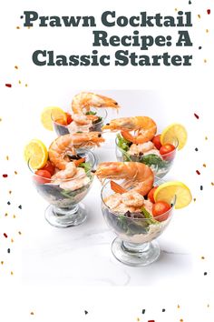 the recipe book for prawn cocktails is shown in glasses with lemon slices and garnishes