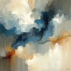 an abstract painting with blue, yellow and white clouds in the sky on a beige background