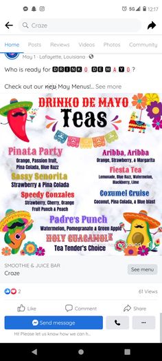 the menu for an event with mexican food and drinks on it's sidebar