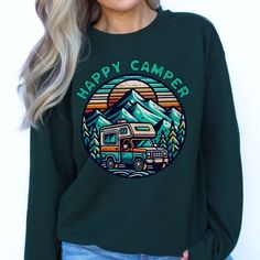 Gildan 18000 Crewneck Sweatshirt. Happy Camper Sweatshirt, Camping Sweatshirt, RV Life, Hiking Gift, Adventure Camping Sweatshirt, Nature Lover Gift, Adventure Sweatshirt A sturdy and warm sweatshirt bound to keep you warm in the colder months. A pre-shrunk, classic fit sweater that's made with air-jet spun yarn for a soft feel. * 50% cotton, 50% polyester * Pre-shrunk * Classic fit * 1x1 athletic rib knit collar with spandex * Air-jet spun yarn with a soft feel * Double-needle stitched collar, Relaxed Fit Graphic Sweatshirt For Camping, Adventure Sweatshirt, Camping Sweatshirt, Outdoor Moisture-wicking Hoodie Sweatshirt, Custom Print Crew Neck T-shirt For Camping, Graphic Print Crew Neck T-shirt For Camping, Camping Text Print Crew Neck T-shirt, Hiking Gifts, Adventure Camping