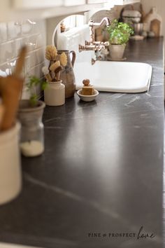 the kitchen counter is clean and ready to be used for cooking or baking, as well as other items