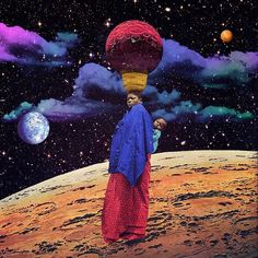 a painting of a person standing on top of a planet